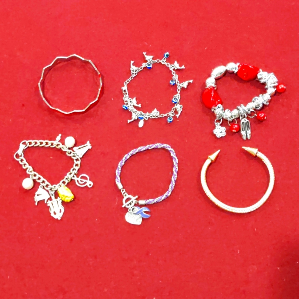 3 for $30 Lot of Six (6) Bracelets Some With Charms Dolphins Purple Ribbon Music